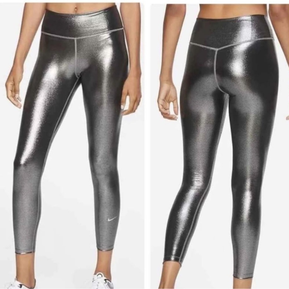 Nike Womens Sz L One Icon Clash Mid Rise 7/8 Shimmer Leggings Silver Yoga Run